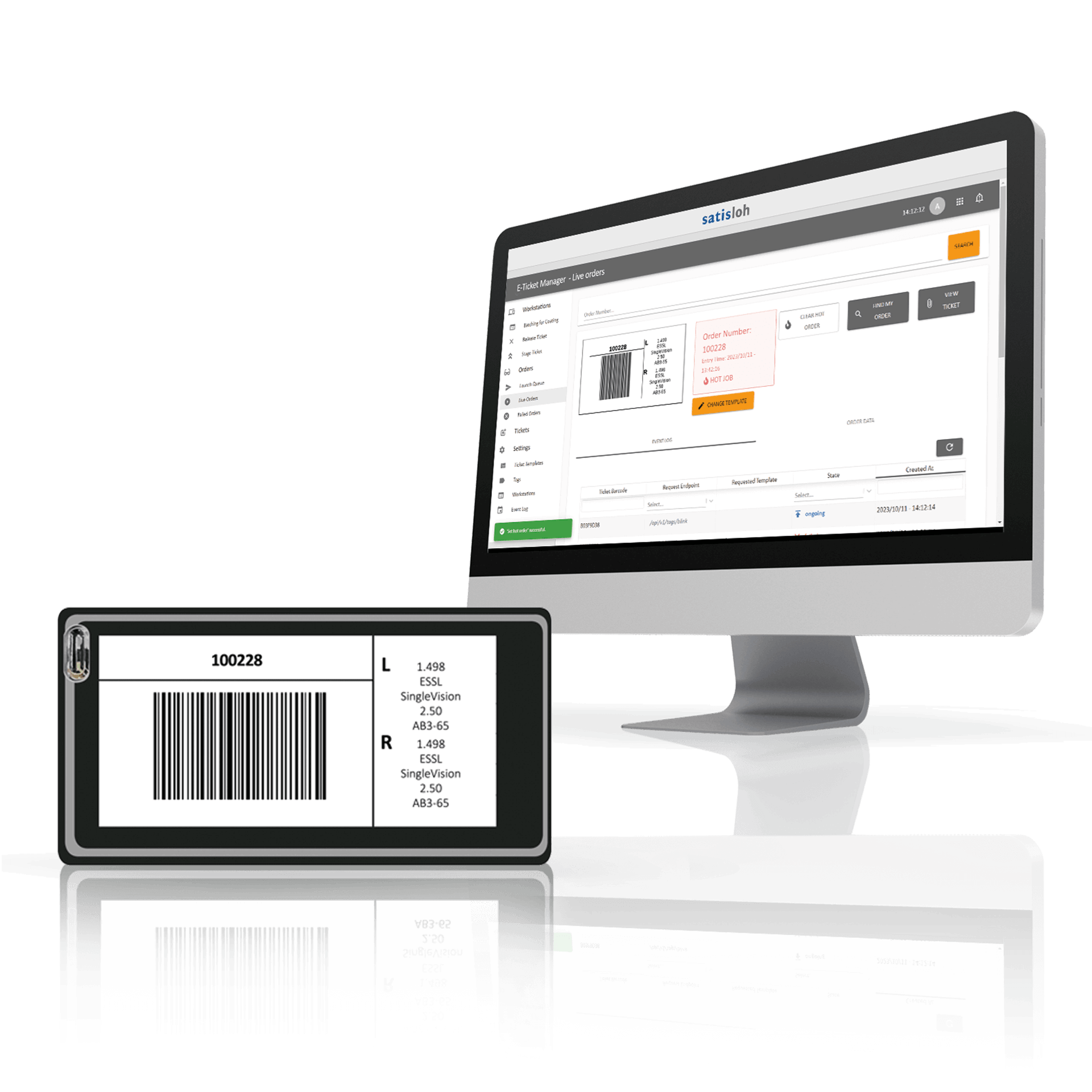 Computer monitor and tablet displaying laboratory management software with barcode and sample details.